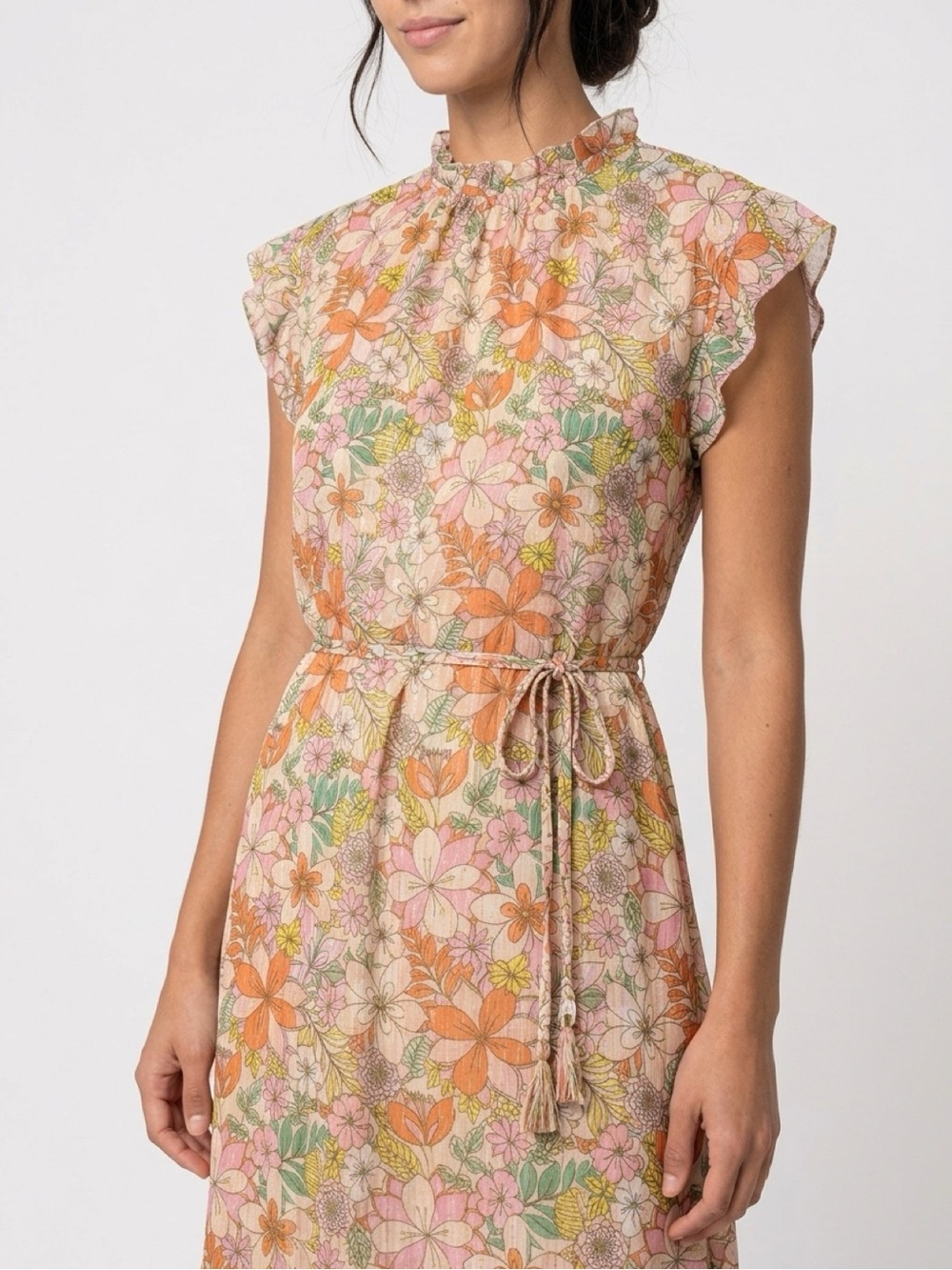 CeCe Floral Midi Dress in Orange, Pink, Green - Picture 6 of 7